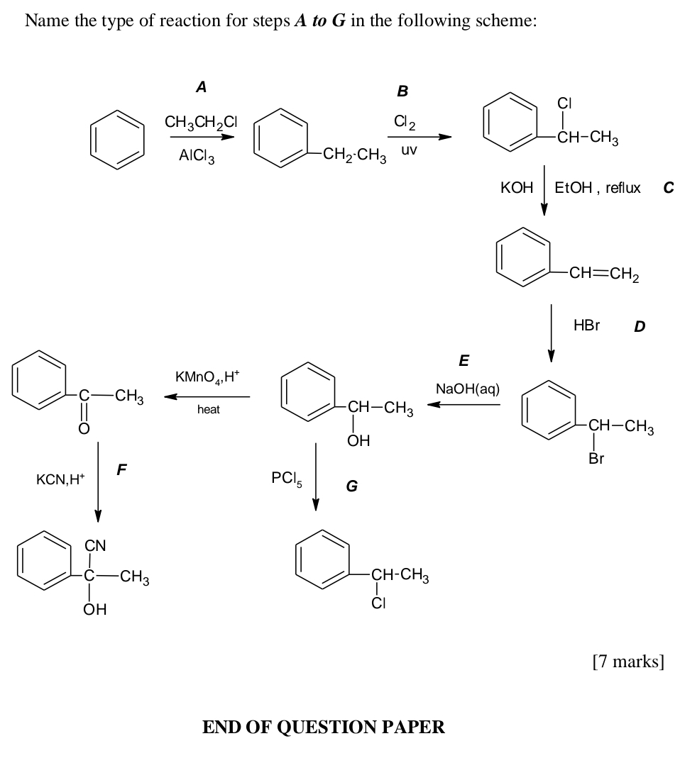 Name the type of reaction for steps A to G in the following scheme:
A
B
frac CH_3CH_2ClAlCl_3□ _-CH_2· CH_3frac Cl_2uv □ beginarrayr cl C CH-CH_3endarray
KOH|, EtOH, I,reflux □ C
□ CH=CH_2
HBrD
E
□ _beginarrayr CH_0 ^C_H_3 -frac KMnO_4H^+heat bigcirc _1alpha _4-alpha _7_ ^ frac NaOH(aq) bigcirc  □ /9r 
KCN,H^+∈t _VF
PCl_5.
bigcirc  dN/dH 
beginarrayr □ -a+c+4_3
[7 marks]
END OF QUESTION PAPER