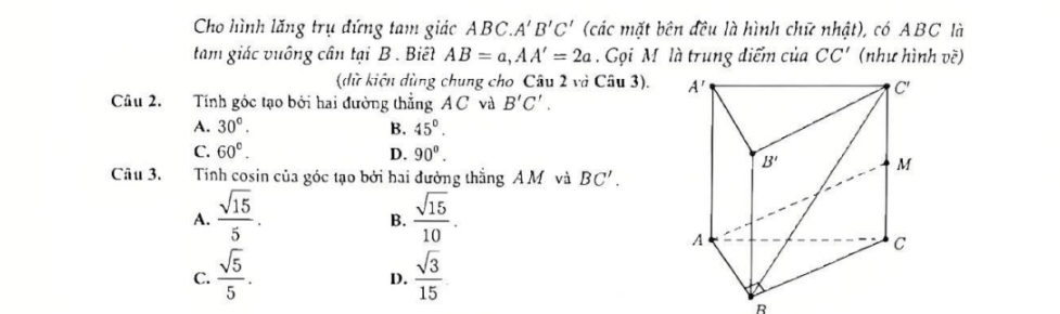 Cho hình lăng trụ đứng tam giác ABC. A'B'C' (các mặt bên đều là hình chữ n hhat at) có ABC là
tam giác vuông cân tại B . Biết AB=a,AA'=2a Gọi M là trung điểm của CC' (như hình vhat v)
(dữ kiện dùng chung cho Câu 2 và Câu 3). 
Câu 2. Tính góc tạo bởi hai đường thẳng Á C và B'C'.
A. 30°. B. 45°.
C. 60°. D. 90^o.
Câu 3. Tính cosin của góc tạo bởi hai đường thắng Á M và BC'.
A.  sqrt(15)/5 .  sqrt(15)/10 .
B.
C.  sqrt(5)/5 .  sqrt(3)/15 
D.
B