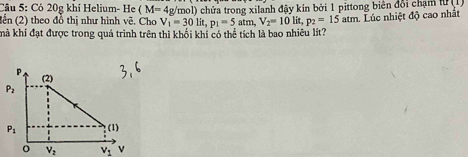 Có 20g khí Helium- He (M=4g/m (ol) chứa trong xilanh đậy kín bởi 1 pittong biển đổi chạm tử (1)
đến (2) theo đồ thị như hình vẽ. Cho V_1=30lit,p_1=5atm,V_2=10 lit, p_2=15 atm. Lúc nhiệt độ cao nhất
hà khí đạt được trong quá trình trên thì khối khí có thể tích là bao nhiêu lít?