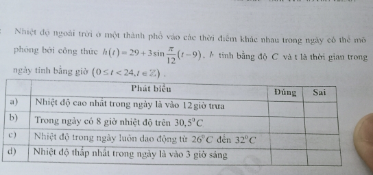 Nhiệt độ ngoài trời ở một thành phổ vào các thời điểm khác nhau trong ngày có thể mô
phóng bởi công thức h(t)=29+3sin  π /12 (t-9) htinh bằng độ C và t là thời gian trong
ngày tinh bằng giờ (0≤ t<24,t∈ Z).