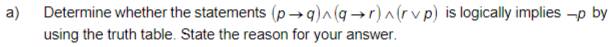 Determine whether the statements (pto q)wedge (qto r)wedge (rvee p) is logically implies — p by 
using the truth table. State the reason for your answer.