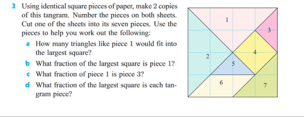 Using identical square pieces of paper, make 2 copies 
of this tangram. Number the pieces on both sheets. 
Cut one of the sheets into its seven pieces. Use the 
pieces to help you work out the following: 
a How many triangles like piece 1 would fit into 
the largest square? 
6 What fraction of the largest square is piece 1? 
c What fraction of piece 1 is piece 3? 
d What fraction of the largest square is each tan- 
gram piece?