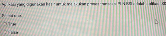 Aplikasi yang digunakan kasir untuk melakukan proses transaksi PLN BSI adalah aplikasi SI
Select one:
True
False