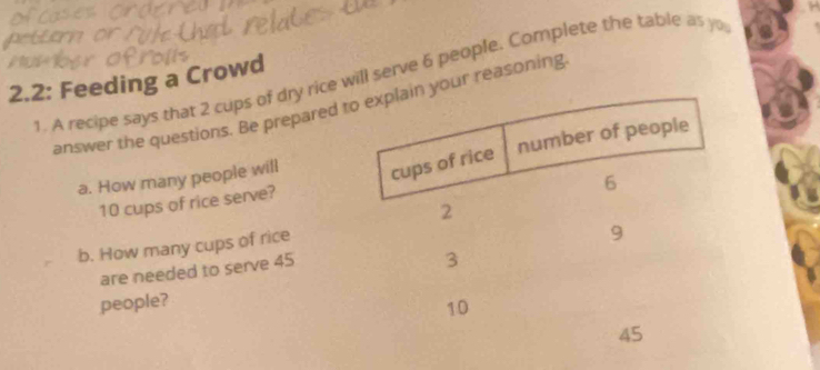 A recipe says that 2 cups of dry rice will serve 6 people. Complete the table as yo 
2.2: Feeding a Crowd 
answer the questions. Be prepared our reasoning 
a. How many people will
10 cups of rice serve? 
b. How many cups of rice 
are needed to serve 45
people?