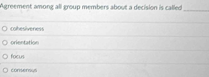 Agreement among all group members about a decision is called_
cohesiveness
orientation
focus
consensys