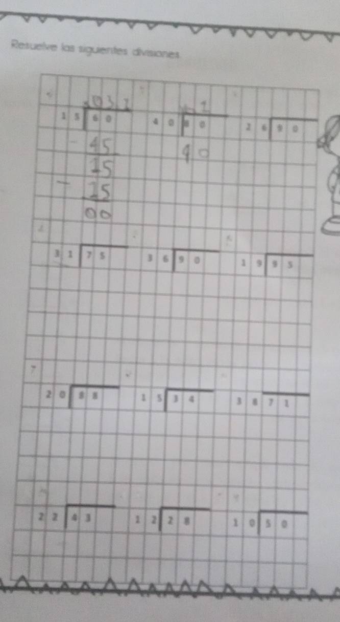 Resuelve las siguientes divisiones
2sqrt(80)
beginarrayr 31encloselongdiv 75endarray beginarrayr 36encloselongdiv 90endarray 19sqrt(35)
7
20sqrt(88)15sqrt(34)3871
beginarrayr 22encloselongdiv 43endarray 12sqrt(28)10sqrt(50)