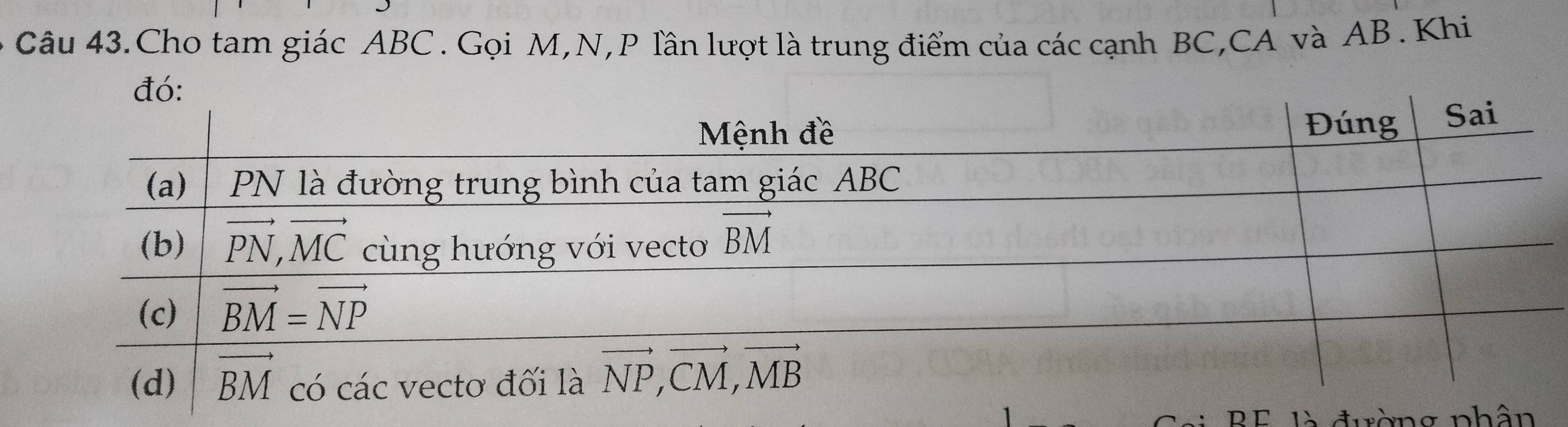 Câu 43.Cho tam giác ABC. Gọi M,N,P lần lượt là trung điểm của các cạnh BC,CA và AB. Khi
DT      đường phân