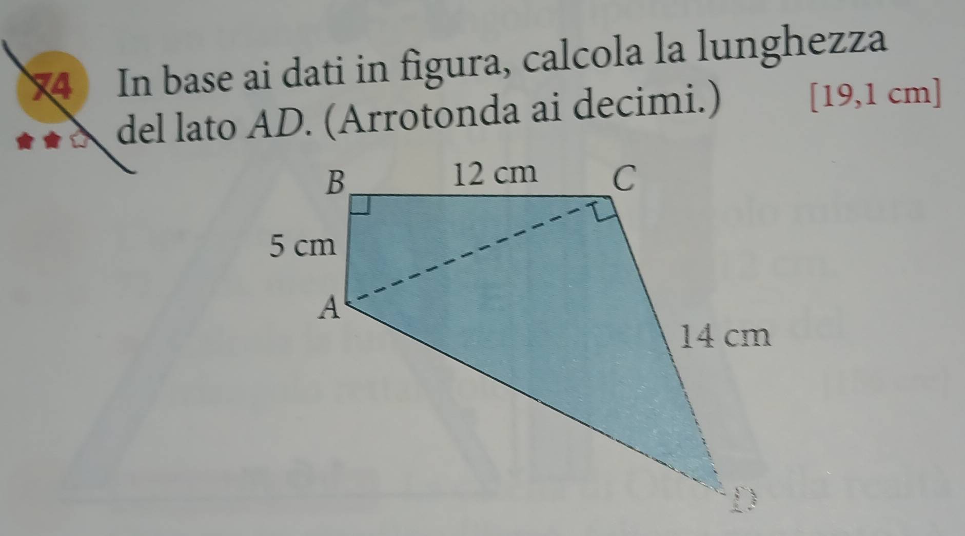 In base ai dati in figura, calcola la lunghezza 
del lato AD. (Arrotonda ai decimi.)
[19,1 cm ]