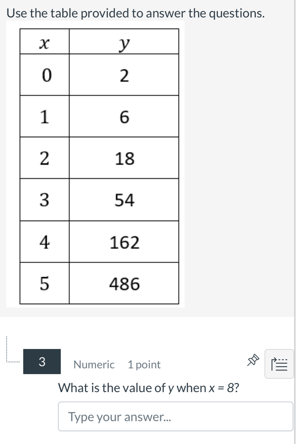 Use the table provided to answer the questions. 
3 Numeric 1 point 
What is the value of y when x=8 ? 
Type your answer...