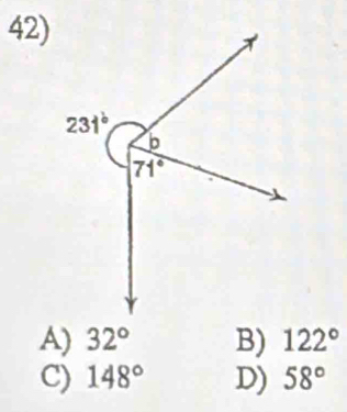 A) 32° B) 122°
C) 148° D) 58°