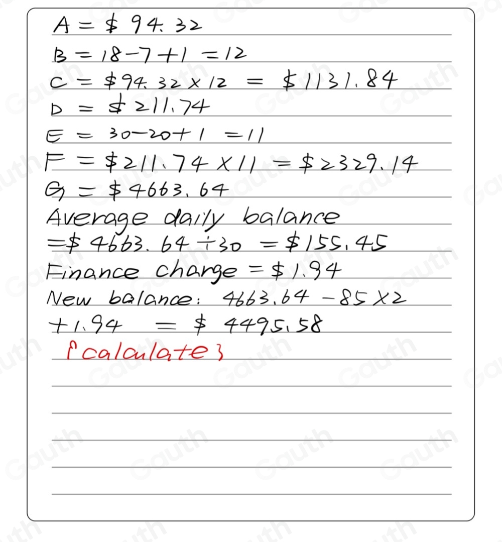 Solved: Calculate the average daily balance, finance charge, and new ...