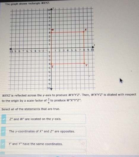 The graph shows rectangle WXYZ.
W'Z' is dilated with respect
to the origin by a scale factor of  3/4  to produce W° X"Y"Z".
Select all of the statements that are true.
Z° and W'' are located on the y-axis.
The y-coordinates of X^n and Z'' are opposites.
Y' and Y'' have the same coordinates.