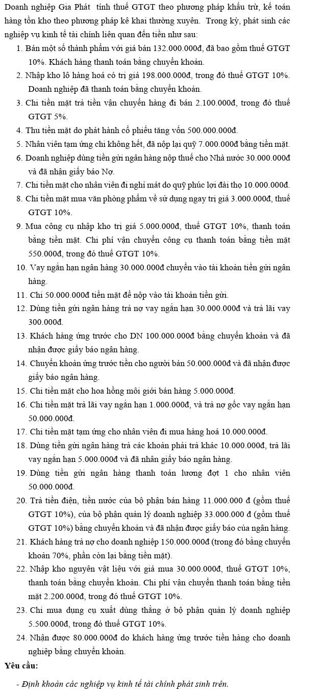 Doanh nghiệp Gia Phát tính thuế GTGT theo phương pháp khẩu trừ, kể toán
hàng tồn kho theo phương pháp kê khai thường xuyên. Trong kỳ, phát sinh các
nghiệp vụ kinh tế tài chính liên quan đến tiền như sau:
1. Bán một số thành phẩm với giá bán 132.000.000đ, đã bao gồm thuể GTGT
10%. Khách hàng thanh toán bằng chuyền khoản.
2. Nhập kho lô hàng hoá có trị giá 198.000.000đ, trong đó thuể GTGT 10%.
Doanh nghiệp đã thanh toán bằng chuyển khoản.
3. Chi tiền mặt trả tiền vận chuyển hàng đi bán 2.100.000đ, trong đó thuế
GTGT 5%.
4. Thu tiền mặt do phát hành cổ phiếu tăng vốn 500.000.000đ.
5. Nhân viên tạm ứng chi không hết, đã nộp lại quỹ 7.000.000đ bằng tiền mặt.
6. Doanh nghiệp dùng tiền gửi ngân hàng nộp thuể cho Nhà nước 30.000.000đ
và đã nhận giấy báo Nợ.
7. Chi tiền mặt cho nhân viên đi nghỉ mát do quỹ phúc lợi đài thọ 10.000.000đ.
8. Chi tiền mặt mua văn phòng phẩm về sử dụng ngay trị giá 3.000.000đ, thuế
GTGT 10%.
9. Mua công cụ nhập kho trị giá 5.000.000đ, thuể GTGT 10%, thanh toán
bằng tiền mặt. Chi phí vận chuyển công cụ thanh toán bằng tiền mặt
550.000đ, trong đó thuể GTGT 10%.
10. Vay ngắn hạn ngân hàng 30.000.000đ chuyền vào tài khoản tiền gửi ngân
hàng.
11. Chi 50.000.000đ tiền mặt đề nộp vào tài khoản tiền gửi.
12. Dùng tiền gửi ngân hàng trả nợ vay ngắn hạn 30.000.000đ và trả lãi vay
300.000đ.
13. Khách hàng ứng trước cho DN 100.000.000đ bằng chuyển khoản và đã
nhận được giấy báo ngân hàng
14. Chuyển khoản ứng trước tiền cho người bán 50.000.000đ và đã nhận được
giấy báo ngân hàng.
15. Chi tiền mặt cho hoa hồng môi giới bán hàng 5.000.000đ.
16. Chi tiền mặt trả lãi vay ngắn hạn 1.000.000đ, và trả nợ gốc vay ngắn hạn
50.000.000đ.
17. Chi tiền mặt tạm ứng cho nhân viên đi mua hàng hoá 10.000.000đ.
18. Dùng tiền gửi ngân hàng trả các khoản phải trả khác 10.000.000đ, trả lãi
vay ngắn hạn 5.000.000đ và đã nhân giấy báo ngân hàng.
19. Dùng tiền gửi ngân hàng thanh toán lương đợt 1 cho nhân viên
50.000.000đ.
20. Trả tiền điện, tiền nước của bộ phận bán hàng 11.000.000 đ (gồm thuế
GTGT 10%), của bộ phận quản lý doanh nghiệp 33.000.000 đ (gồm thuế
GTGT 10%) bằng chuyển khoản và đã nhận được giấy báo của ngân hàng.
21. Khách hàng trả nợ cho doanh nghiệp 150.000.000đ (trong đó bằng chuyền
khoản 70%, phần còn lại bằng tiền mặt).
22. Nhập kho nguyên vật liệu với giá mua 30.000.000đ, thuể GTGT 10%,
thanh toán bằng chuyển khoản. Chi phí vận chuyển thanh toán bằng tiền
mặt 2.200.000đ, trong đó thuể GTGT 10%.
23. Chi mua dụng cụ xuất dùng thẳng ở bộ phận quản lý doanh nghiệp
5.500.000đ, trong đó thuể GTGT 10%.
24. Nhận được 80.000.000đ do khách hàng ứng trước tiền hàng cho doanh
nghiệp bằng chuyền khoản
Yêu cầu:
- Định khoản các nghiệp vụ kinh tể tài chính phát sinh trên.