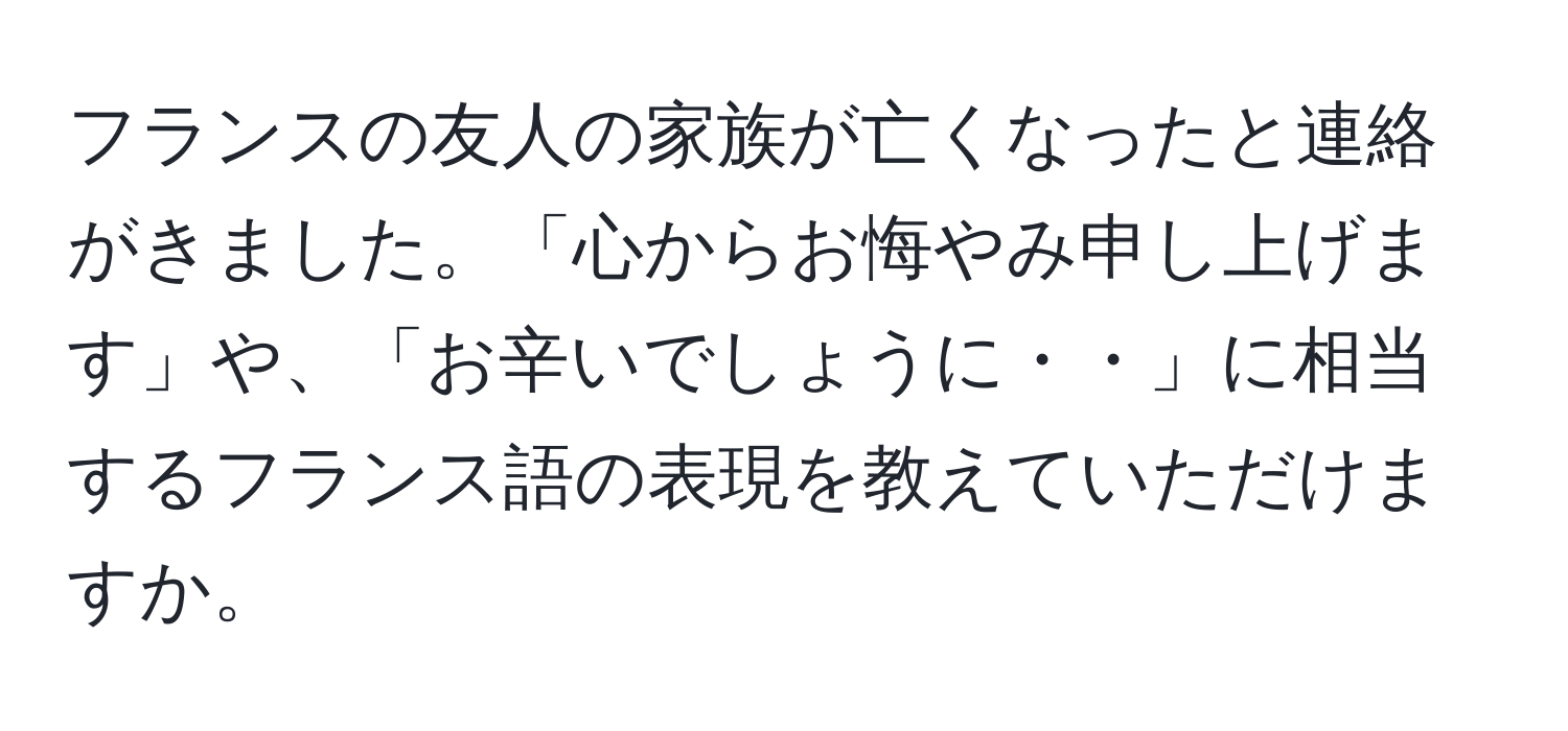 フランスの友人の家族が亡くなったと連絡がきました。「心からお悔やみ申し上げます」や、「お辛いでしょうに・・」に相当するフランス語の表現を教えていただけますか。