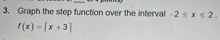 Graph the step function over the interval -2≤ x≤ 2.
f(x)=[x+3]