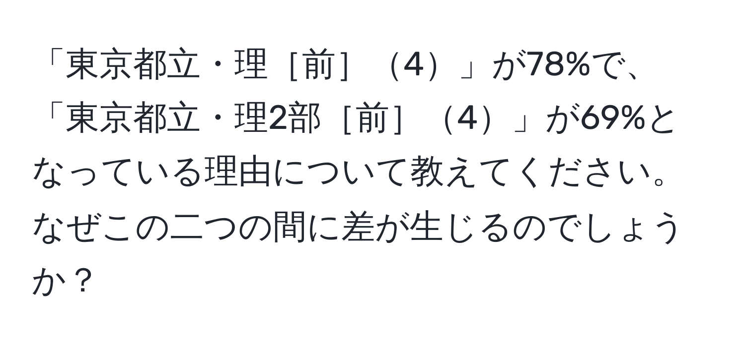 「東京都立・理［前］4」が78%で、「東京都立・理2部［前］4」が69%となっている理由について教えてください。なぜこの二つの間に差が生じるのでしょうか？