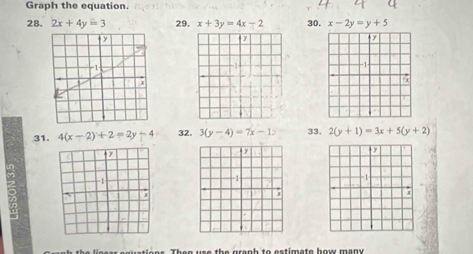 Graph the equation. 
28. 2x+4y=3 29. x+3y=4x-2 30. x-2y=y+5
31. 4(x-2)+2=2y-4 32. 3(y-4)=7x-15 33. 2(y+1)=3x+5(y+2)
-1
x
ear equations. Then use the graph to estimate how many