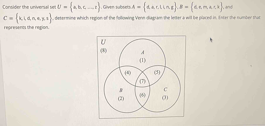 Consider the universal set U= a,b,c,...,z. Given subsets A= d,a,r,l,i,n,g , B= d,e,m,a,r,k , and
C= k,i,d,n,e,y,s , determine which region of the following Venn diagram the letter a will be placed in. Enter the number that 
represents the region.