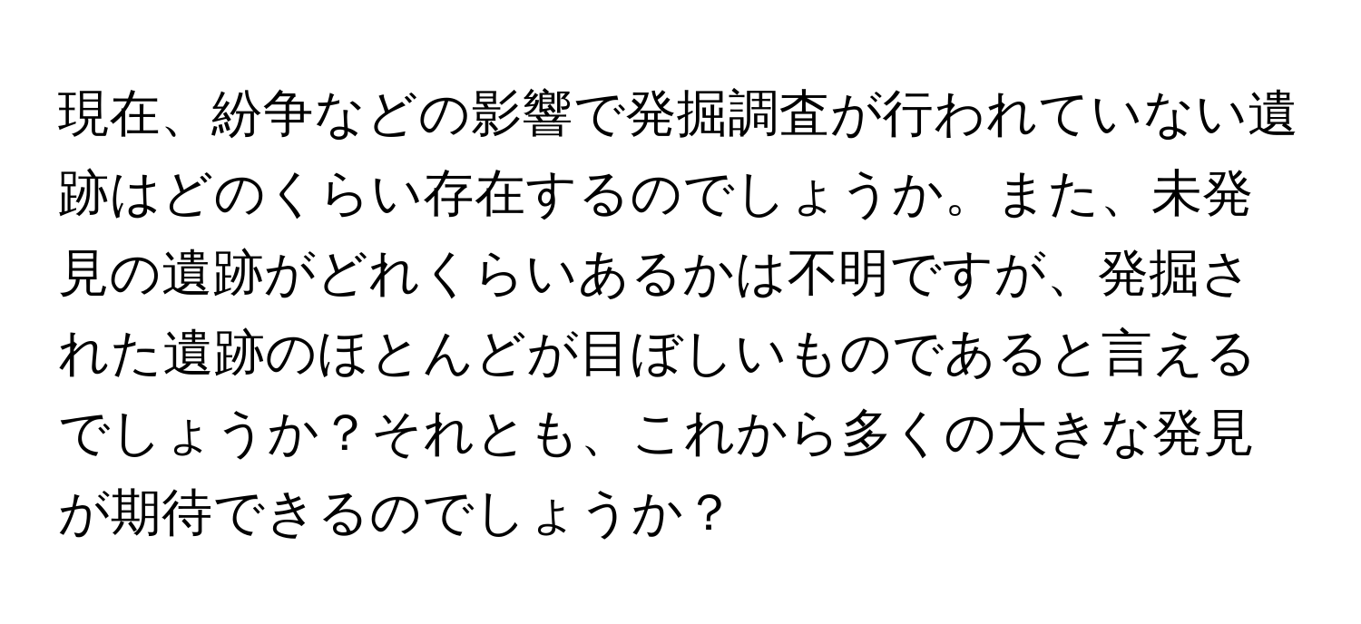 現在、紛争などの影響で発掘調査が行われていない遺跡はどのくらい存在するのでしょうか。また、未発見の遺跡がどれくらいあるかは不明ですが、発掘された遺跡のほとんどが目ぼしいものであると言えるでしょうか？それとも、これから多くの大きな発見が期待できるのでしょうか？