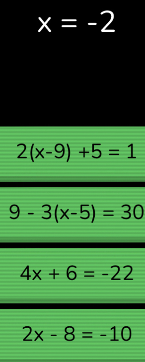 x=-2
2(x-9)+5=1
9-3(x-5)=30
4x+6=-22
2x-8=-10