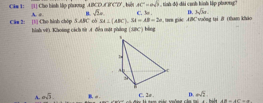 [1] Cho hình lập phương ABCDA'B'C'D'. biết AC'=asqrt(3) , tinh độ dài cạnh hình lập phương?
A. a . B. sqrt(2)a. C. 3a. D. 3sqrt(3)a. 
Câu 2: [1] Cho hình chóp S. ABC có SA⊥ (ABC), SA=AB=2a , tam giác ABC vuông tại B (tham khảo
hình vẽ). Khoảng cách từ A đến mặt phăng (SBC) bảng
A. asqrt(3). B. a. C. 2a , D. asqrt(2). 
có đáy là tạm giác xuống cận tại 4 biết AB=AC=a.