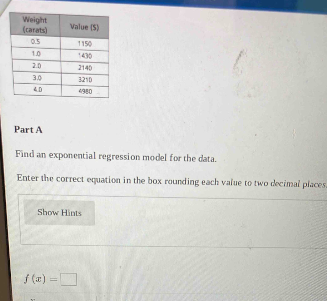 Find an exponential regression model for the data. 
Enter the correct equation in the box rounding each value to two decimal places 
Show Hints
f(x)=□