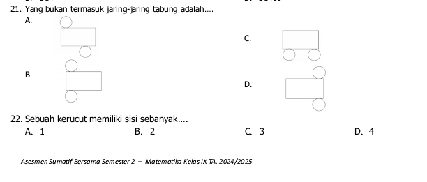 Yang bukan termasuk jaring-jaring tabung adalah....
A.
C.
B.
D.
22. Sebuah kerucut memiliki sisi sebanyak....
A. 1 B. 2 C. 3 D. 4
Asesmen Sumatif Bersama Semester 2 - Matematika Kelas IX TA. 2024/2025