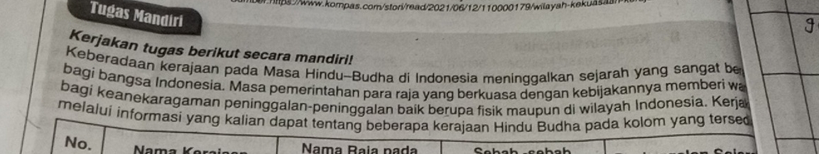 Tugas Mandiri 
Kerjakan tugas berikut secara mandiri! 
Keberadaan kerajaan pada Masa Hindu-Budha di Indonesia meninggalkan sejarah yang sangat be 
bagi bangsa Indonesia. Masa pemeríntahan para raja yang berkuasa dengan kebijakannya memberi wa 
bagi keanekaragaman peninggalan-peninggalan baik berupa fisik maupun di wilayah Indonesia. Kerja 
melalui informasi yang kalian dapat tentang beberapa kerajaan Hindu Budha pada kolom yang tersed 
No. Nama K 
Nama Raía pada