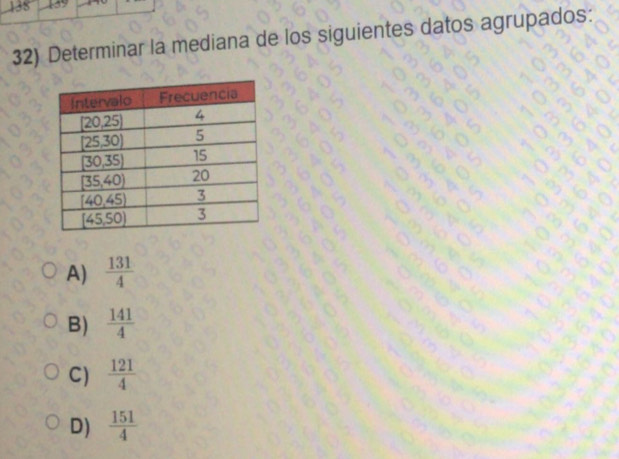 Determinar la mediana de los siguientes datos agrupados:
A)  131/4 
B)  141/4 
C)  121/4 
D)  151/4 