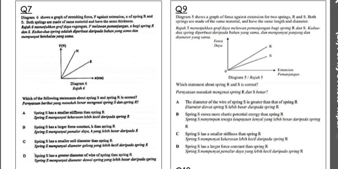 Diagram 6 shows a graph of stretching force, F against extension, x of spring R and Diagram 5 shows a graph of force against extension for two springs, R and S. Both
S. Both springs are made of same material and have the same thickness. springs are made of the same material, and have the same length and diameter.
Rajah 6 memunjukkan graf daya regangan, F melawan pemanjangan, x bagi spring R Rajah 5 menunjukkan graf daya melawan pemanjangan bagi spring R. dan S. Kedua-
mempunyai ketebalan yang sama. dan S. Kedua-dua spring adalah điperbuat daripada bahan yang sama dan diameter yong sam dua spring diperbuat daripada bahan yang sama, dan mempunyai panjang đan
 
 
Rajah 6 Which statement about spring R and S is correct?
Pernyataan manakah mengenai spring R dan S benar?
Which of the following statements about spring S and spring R is correct?
Pernyataan berikut yang manakoh benar mengenai spring S dan spring K? A The diameter of the wire of spring S is greater than that of spring R
Diameter dawai spring S lebik besar daripada spring R
A Spring S has a smaller stiffness than spring R B Spring S stores more clastic potential energy than spring R
Spring S mempunyal kekerasan lebih kecil daripada spring R Spring S menyimpan tenaga keupayaan kenyal yang lebih besar daripada spring
B Spring S has a larger force constant, k than spring R R
Spring S mempunyal pemalar daya, k yang lebih besar daripada K C Spring S has a smaller stiffness than spring R
C Speing S has a smaller coil diameter than spring R Spring S mempunyai kekerasan lebih kecil daripada spring R
Spring S mempunyai diameter gelung yang lebih kecil daripada spring R D Spring S has a larger force constant than spring R
D Spring S has a greater diameter of wire of spring than spring R Spring S mempunyai pemalar daya yang lebík kecil daripada spring R
Spring S mempunyal diameter dawal spring yang lebth besar daripada spring