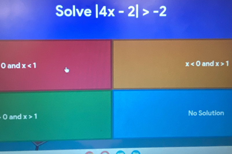 Solve |4x-2|>-2
O
o