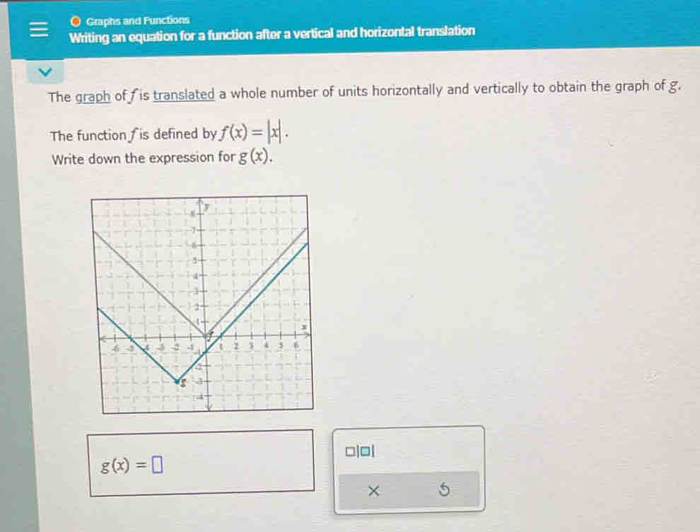 Gmphs and Punctions 
Writing an equation for a function after a vertical and horizontal translation 
The graph of f is translated a whole number of units horizontally and vertically to obtain the graph of g. 
The function is defined by f(x)=|x|. 
Write down the expression for g(x). 
□|□|
g(x)=□
× 5