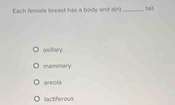 Each female breast has a body and a(n) _tail.
axillary
mammary
areola
lactiferous