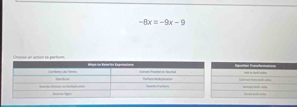 -8x=-9x-9
Choose an action to perform.