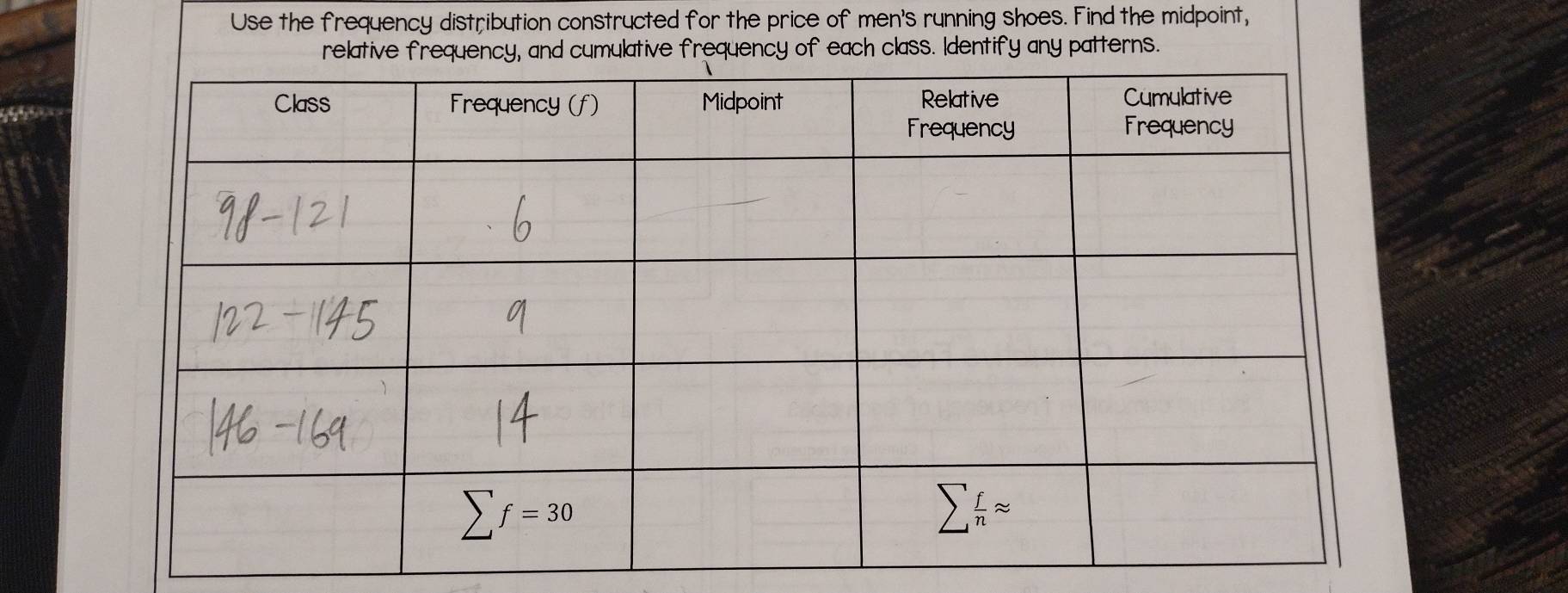 Use the frequency distribution constructed for the price of men's running shoes. Find the midpoint,
relative frequency, and cumulative frequency of each class. Identify any patterns.