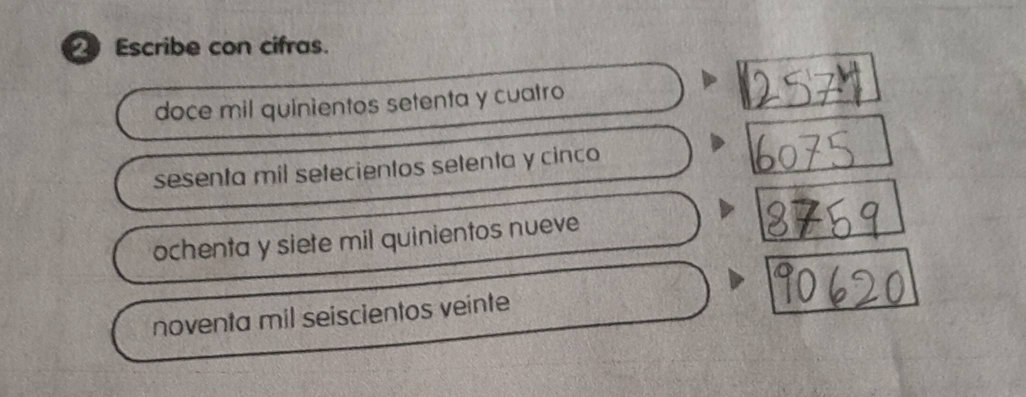 Escribe con cifras. 
doce mil quinientos setenta y cuatro 
sesenta mil setecientos setenta y cinco 
ochenta y siete mil quinientos nueve 
noventa mil seiscientos veinte