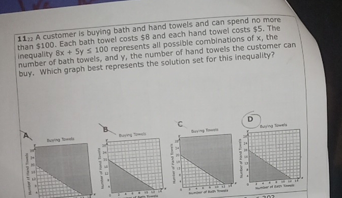 112 A customer is buying bath and hand towels and can spend no more 
than $100. Each bath towel costs $8 and each hand towel costs $5. The
8x+5y≤ 100 represents all possible combinations of x, the 
inequality number of bath towels, and y, the number of hand towels the customer can 
buy. Which graph best represents the solution set for this inequality? 
C 
D 
Ram Towrls