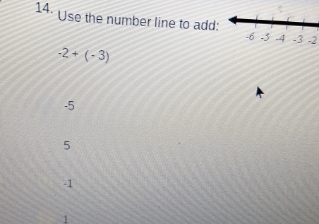 Use the number line to add:
-2
-2+(-3)
-5
5
-1
1