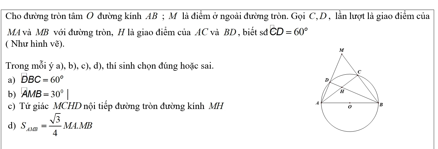 Cho đường tròn tâm O đường kính AB; M là điểm ở ngoài đường tròn. Gọi C, D , lần lượt là giao điểm của
MA và MB với đường tròn, H là giao điểm của AC và BD , biết sđ CD=60°
( Như hình vẽ). 
Trong mỗi ý a), b), c), d), thí sinh chọn đúng hoặc sai. 
a) DBC=60°
b) AMB=30°|
c) Tứ giác MCHD nội tiếp đường tròn đường kính MH 
d) S_AMB= sqrt(3)/4 MA.MB