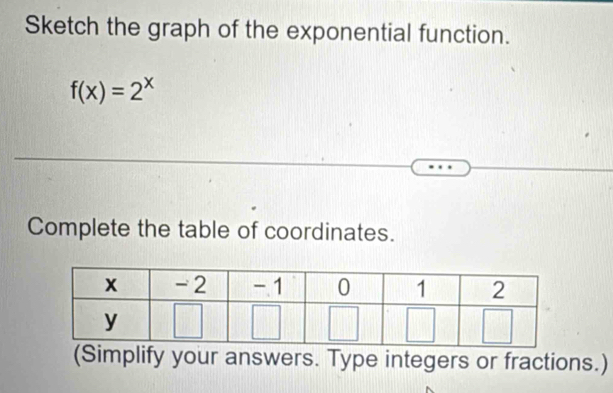 Sketch the graph of the exponential function.
f(x)=2^x
Complete the table of coordinates. 
(Simplify your answers. Type integers or fractions.)