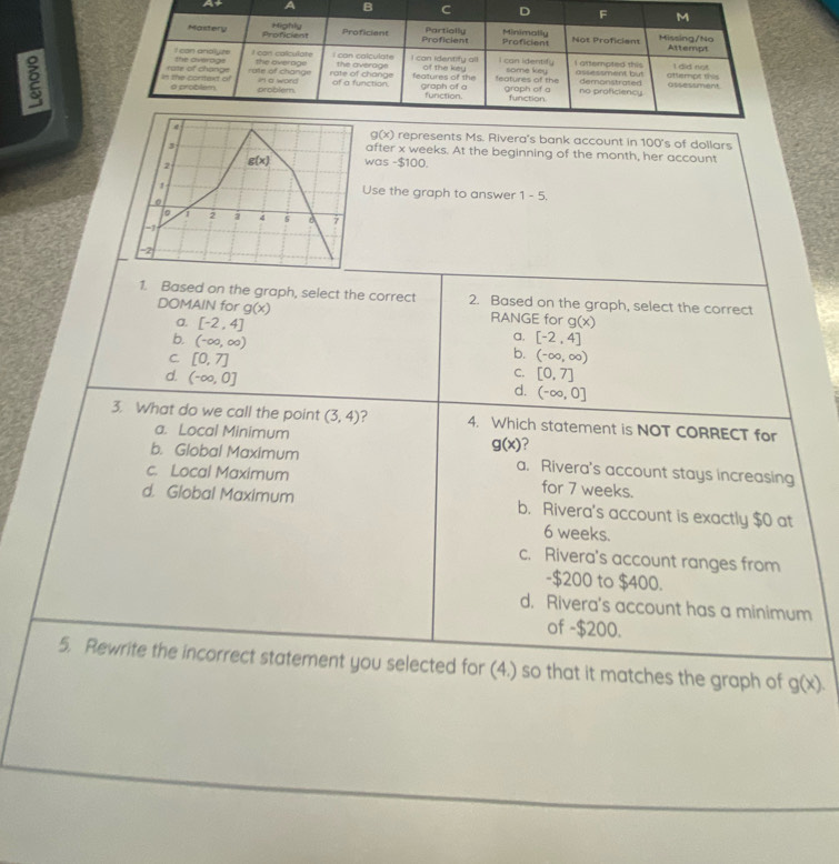 At 
B 
2
g(x)
represents Ms. Rivera's bank account in 100's of dollars
3
after x weeks. At the beginning of the month, her account
g(x) was -$100. 
1 Use the graph to answer 1-5. 
o
2 a 4 5 a 7
-1
-2
1. Based on the graph, select the correct 2. Based on the graph, select the correct 
DOMAIN for g(x) RANGE for g(x)
a. [-2,4]
a. 
b. (-∈fty ,∈fty ) [-2,4]
b. 
C. [0,7] (-∈fty ,∈fty )
d. (-∈fty ,0]
C. [0,7]
d. (-∈fty ,0]
3. What do we call the point (3,4) ? 4. Which statement is NOT CORRECT for 
a. Local Minimum ?
g(x)
b. Global Maximum a. Rivera's account stays increasing 
c. Local Maximum for 7 weeks. 
d. Global Maximum b. Rivera's account is exactly $0 at
6 weeks. 
c. Rivera's account ranges from
-$200 to $400. 
d. Rivera's account has a minimum 
of -$200. 
5. Rewrite the incorrect statement you selected for (4.) so that it matches the graph of g(x).