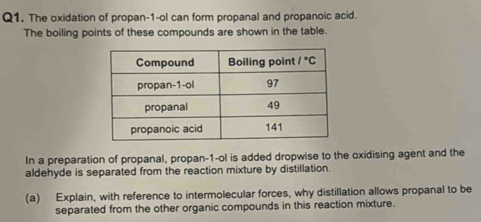 Solved: The oxidation of propan-1-ol can form propanal and propanoic ...