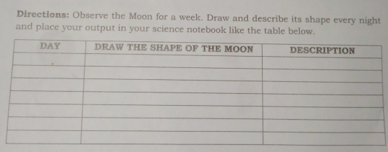 Directions: Observe the Moon for a week. Draw and describe its shape every night 
and place your output in your science notebook like the table below.