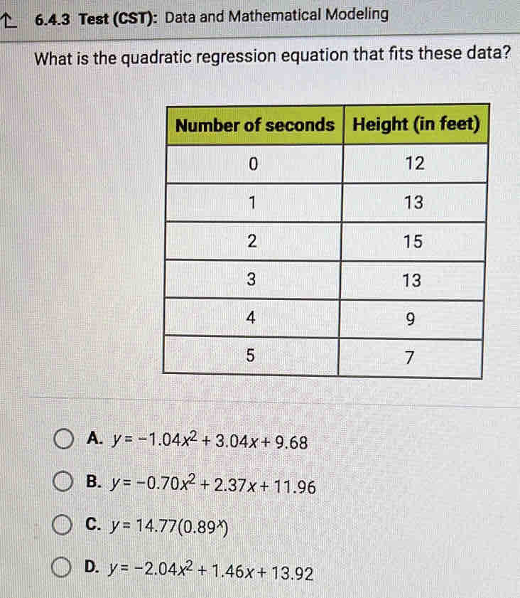 Test (CST): Data and Mathematical Modeling
What is the quadratic regression equation that fits these data?
A. y=-1.04x^2+3.04x+9.68
B. y=-0.70x^2+2.37x+11.96
C. y=14.77(0.89^x)
D. y=-2.04x^2+1.46x+13.92