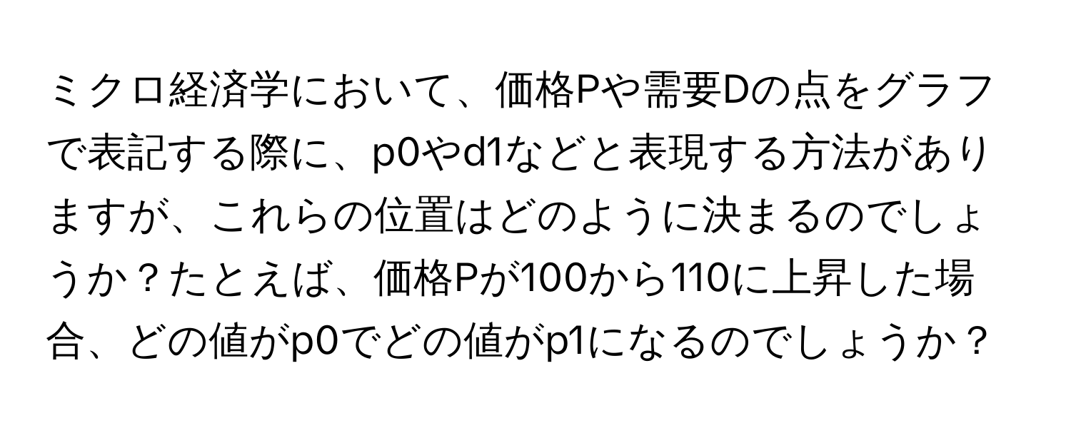 ミクロ経済学において、価格Pや需要Dの点をグラフで表記する際に、p0やd1などと表現する方法がありますが、これらの位置はどのように決まるのでしょうか？たとえば、価格Pが100から110に上昇した場合、どの値がp0でどの値がp1になるのでしょうか？