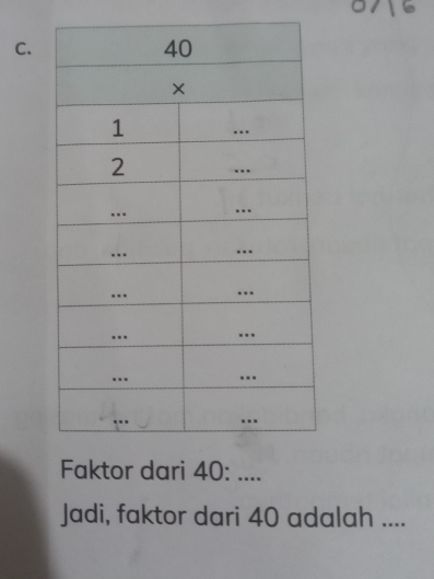 Faktor dari 40 : .... 
Jadi, faktor dari 40 adalah ....