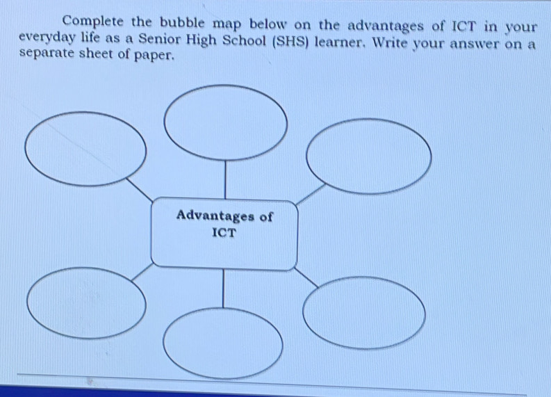 Complete the bubble map below on the advantages of ICT in your 
everyday life as a Senior High School (SHS) learner. Write your answer on a 
separate sheet of paper.