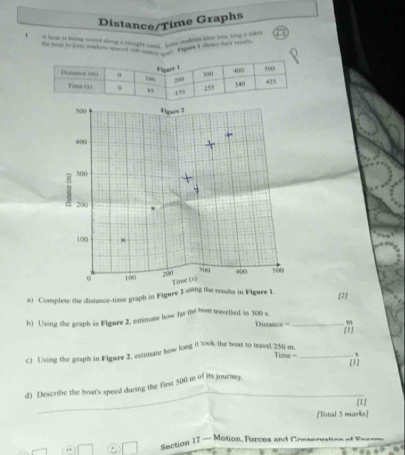 Distance/ r ime Graphs 
I A bou is being rowed along a straight yanl same students time how long it taks 
the boat to pass ouerkers spacedt t0 metres apart. Elguve I shows thei result
500 Vigure 2
400
300
200 )(
100
300
0 100 200 400 500
Time (s) 
a) Complete the distance-time graph in Figure 2 using the results in Figure L 
[2] 
b) Using the graph in Flgure 2, estimate how far the boat travelled in 300 s._
m
Distance === [1] 
c) (/sing the graph in Flgure 2, estimate how long it look the boat to travel 250 m _
Time = N
[1] 
d) Describe the boat's speed during the first 500 m of its journey. 
[1] 
[Total 5 marks] 
Section 17 — Motion, Forces and Conservation of Ene