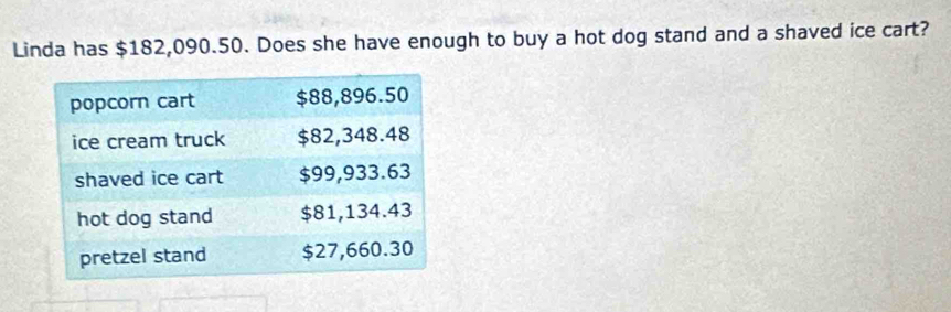 Linda has $182,090.50. Does she have enough to buy a hot dog stand and a shaved ice cart?