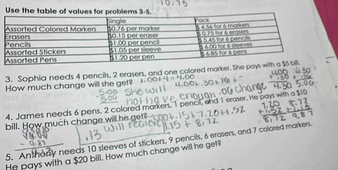 Use the table of values for probl 
3. Sophia needs 4 pencils, 2 erasers, and one colored marker. 
How much change will she get? 
4. James needs 6 pens, 2 colored markers, 1 pencil, and 1 eraser. He pays with a $10
bill. How much change will he get? 
5. Anthony needs 10 sleeves of stickers, 9 pencils, 6 erasers, and 7 colored markers. 
He pays with a $20 bill. How much change will he get?